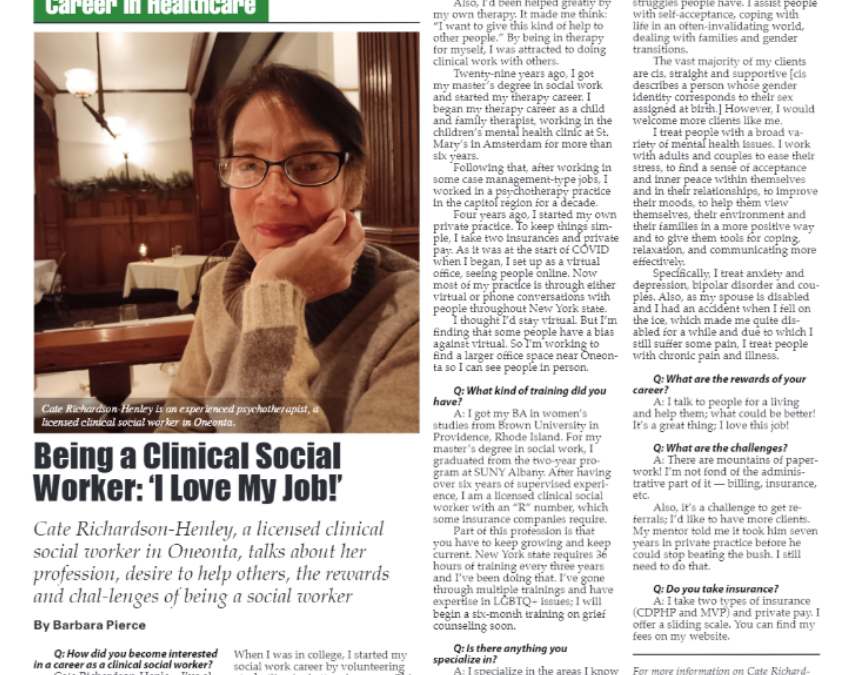 Being a Clinical Social Worker: ‘I Love My Job’   Featuring Cate Richard-Henley Psychotherapist
